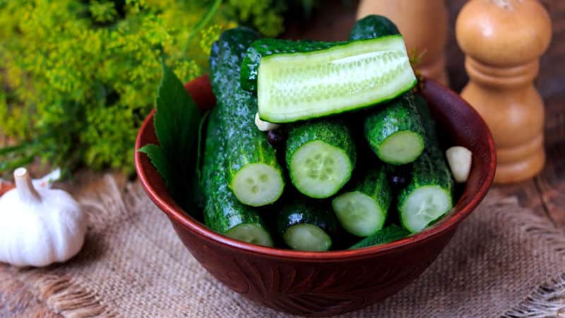Classic recipe for lightly salted cucumbers in a pan with hot brine
